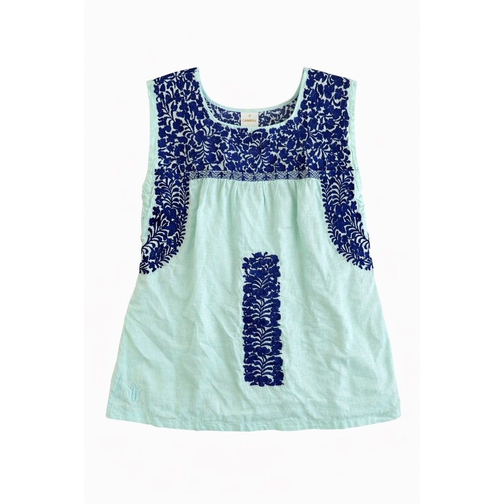J Marie Boho Embroidered Tank Top Mint Blue Floral Resort Coastal Small